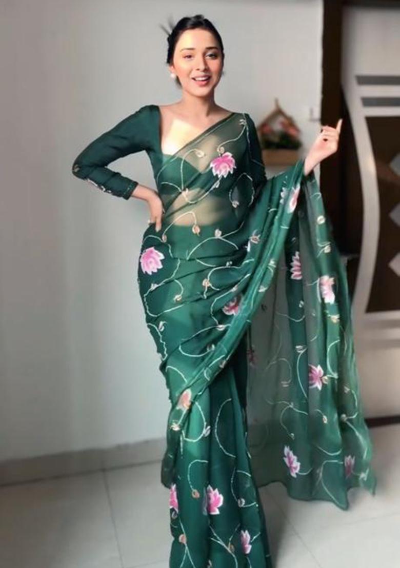 Bottle Green Printed Blended Saree Set - Indya