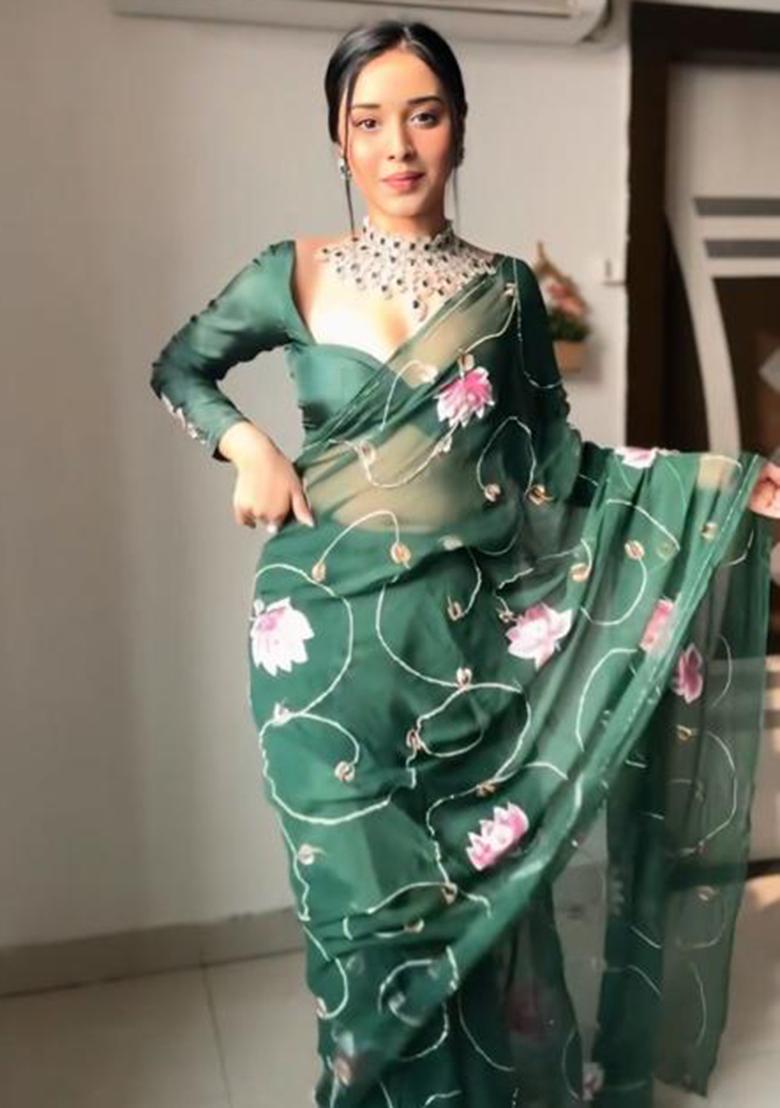 Bottle Green Printed Blended Saree Set - Indya