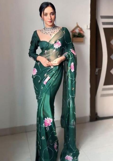 Bottle Green Printed Blended Saree Set