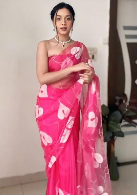Peach Printed Blended Saree Set