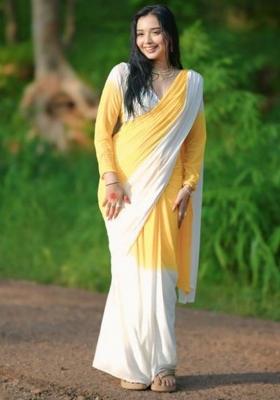 Yellow Printed Blended Saree Set