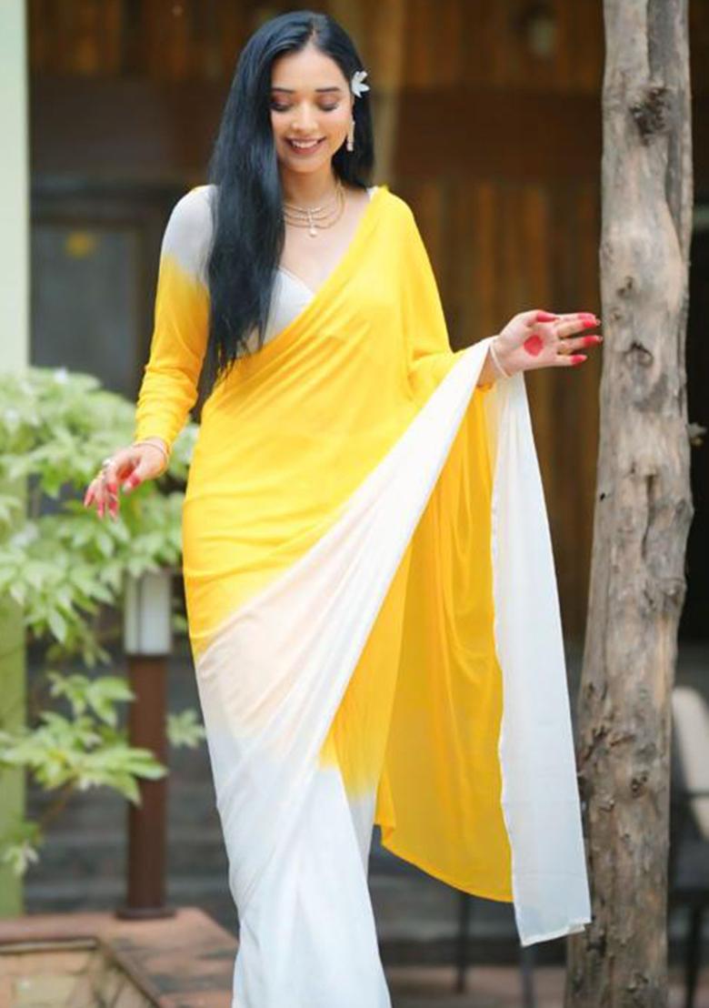 Yellow Printed Blended Saree Set - Indya