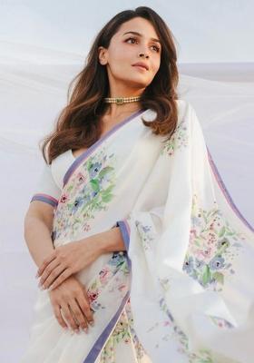 White Printed Blended Saree Set - Indya