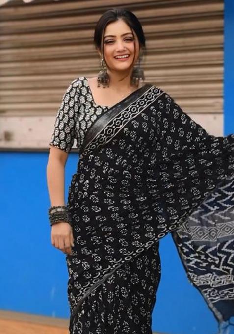 Black Printed Blended Saree Set