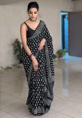 Black Printed Blended Saree Set