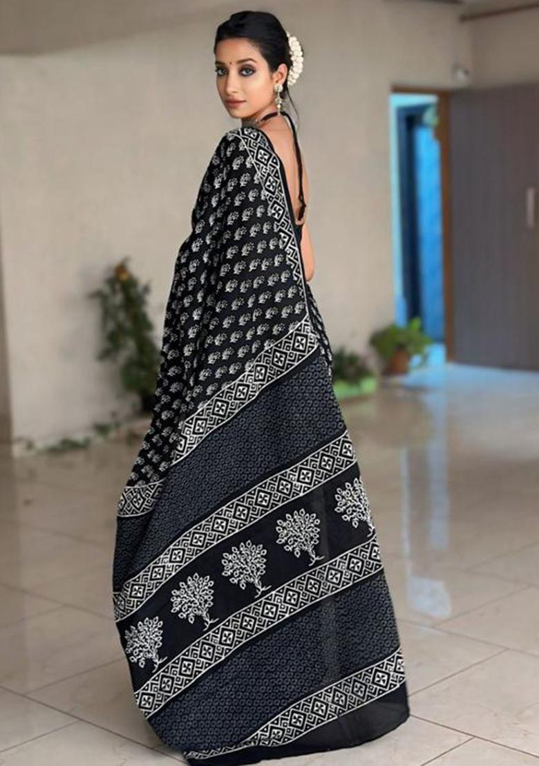 Black Printed Blended Saree Set - Indya