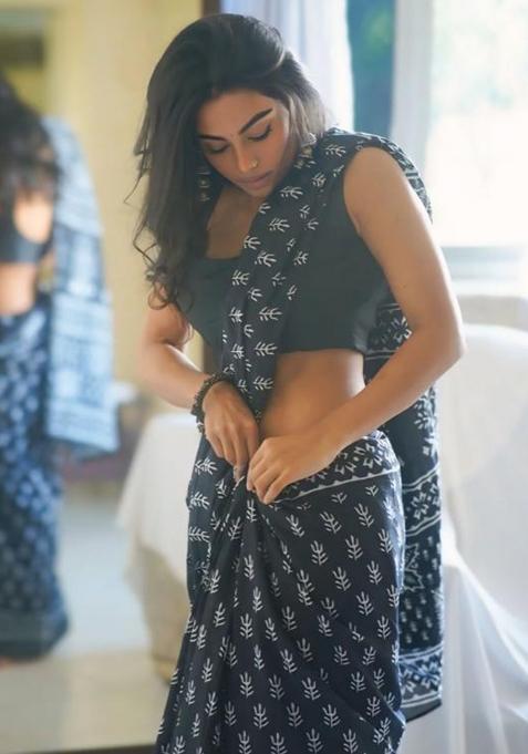 Black Printed Blended Saree Set