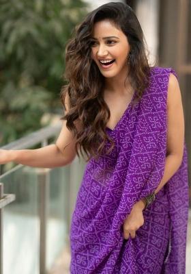 Purple Printed Blended Saree Set