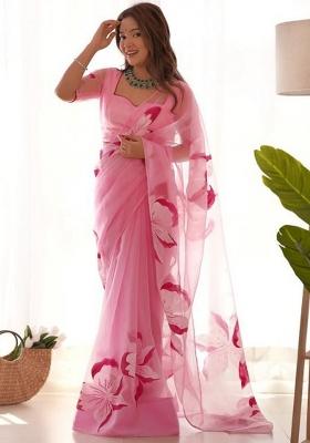 Pink Printed Blended Saree Set