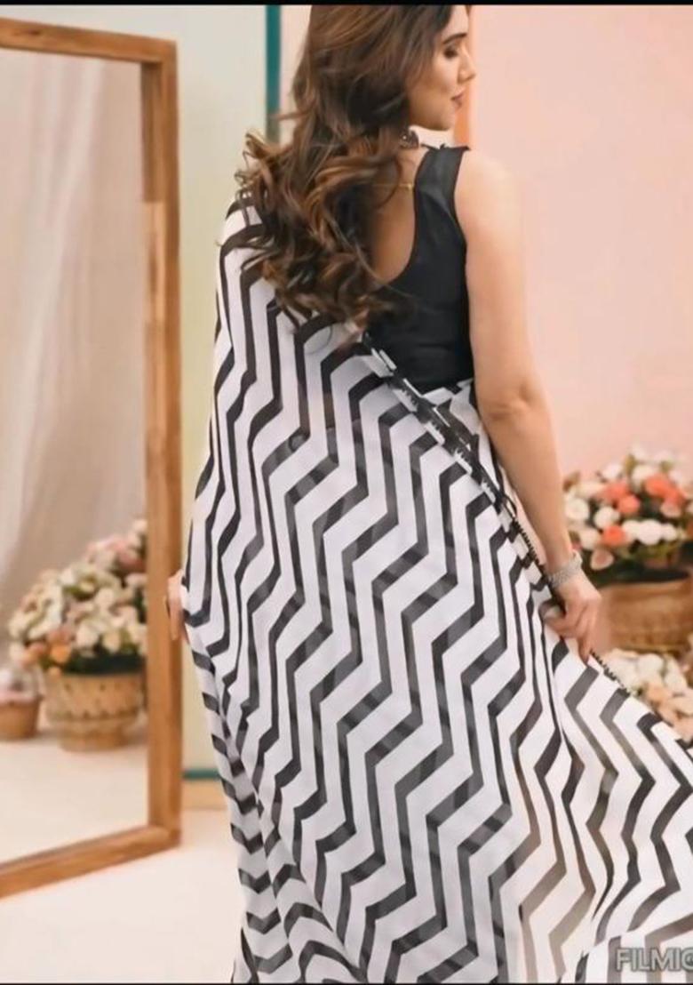 White Printed Blended Saree Set - Indya