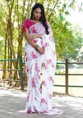 Off White Printed Blended Saree Set