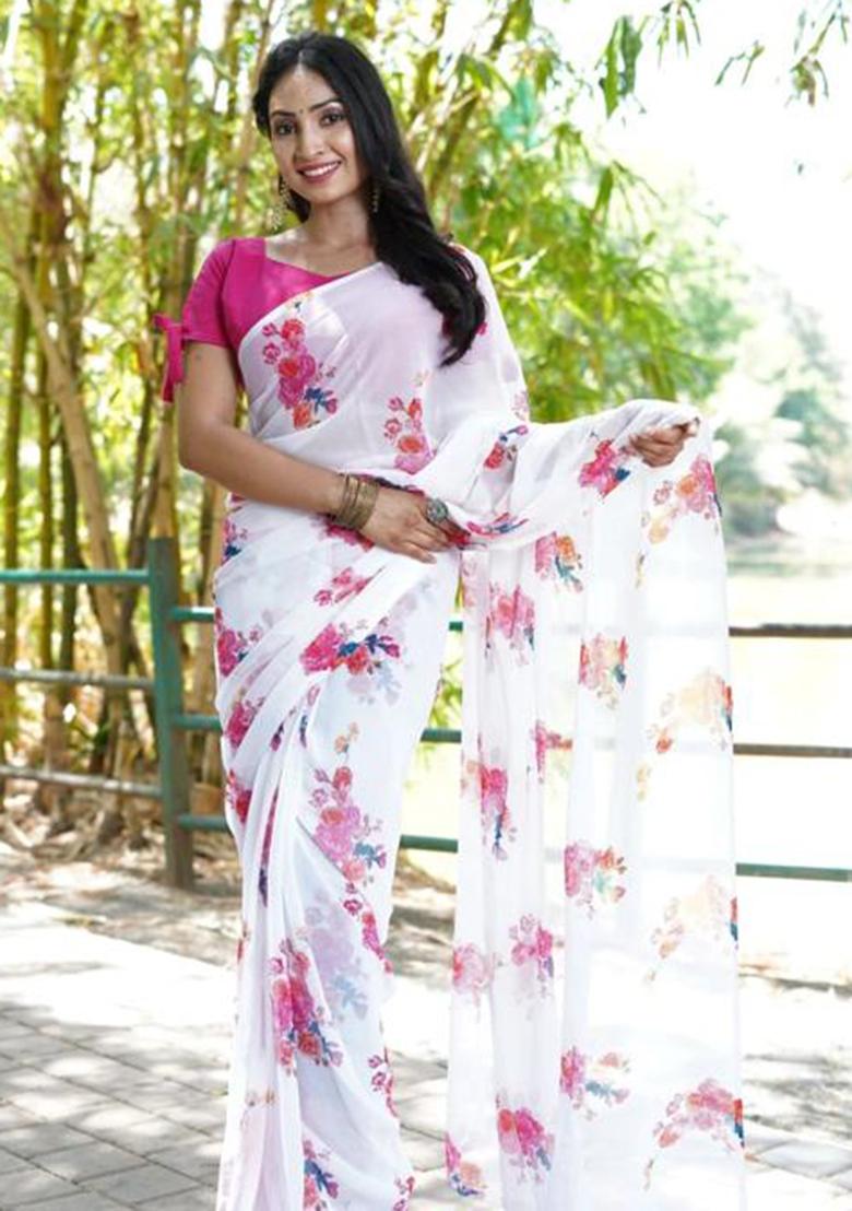 Off White Printed Blended Saree Set - Indya