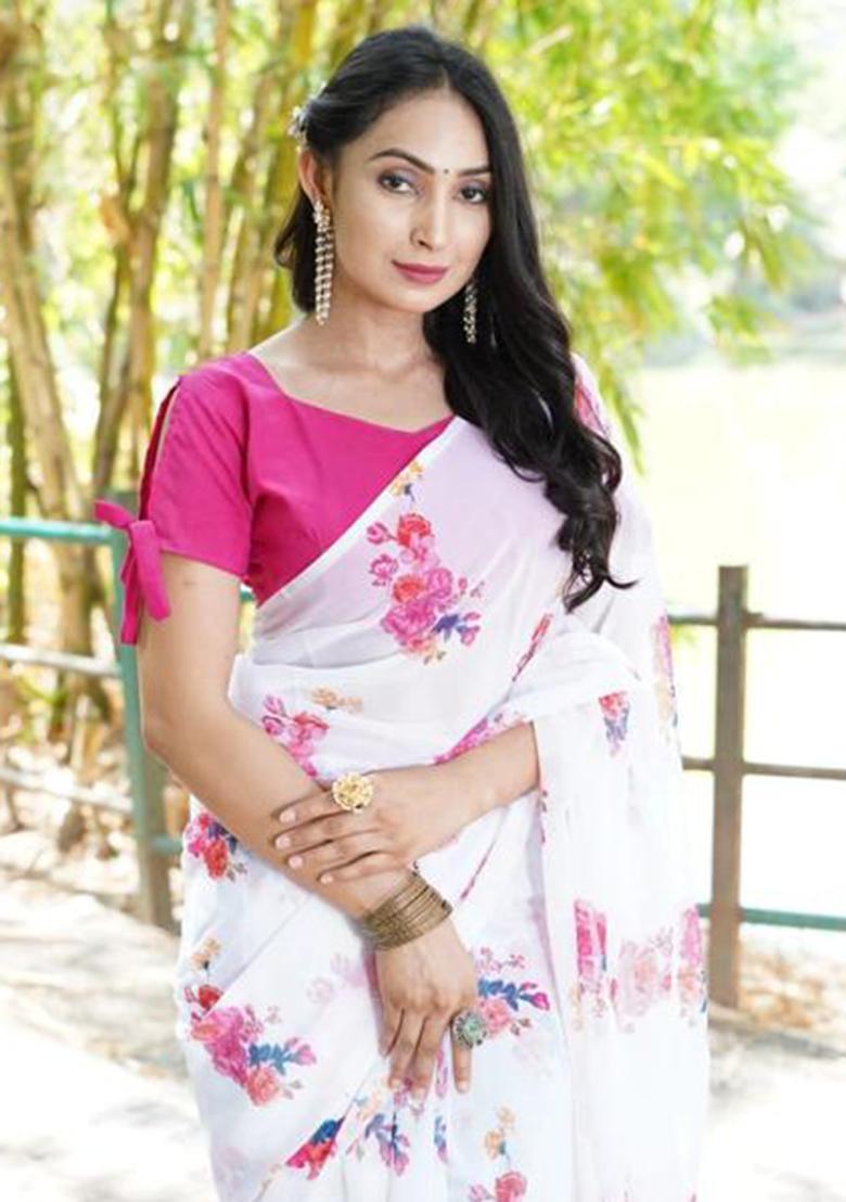 Off White Printed Blended Saree Set - Indya