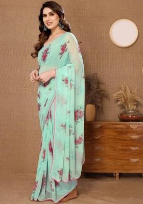 Sea Green Printed Blended Saree Set