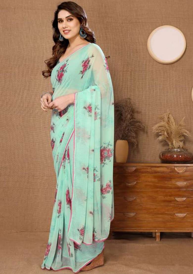 Sea Green Printed Blended Saree Set - Indya
