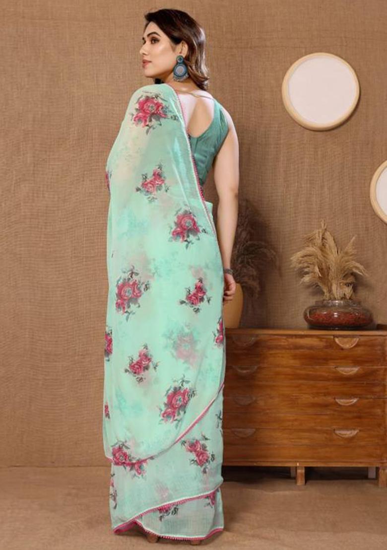 Sea Green Printed Blended Saree Set - Indya