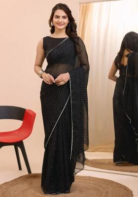 Black Printed Blended Saree Set