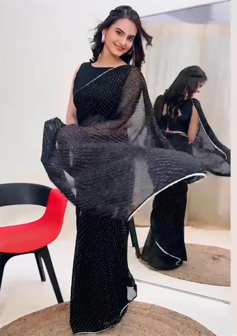 Black Printed Blended Saree Set - Indya