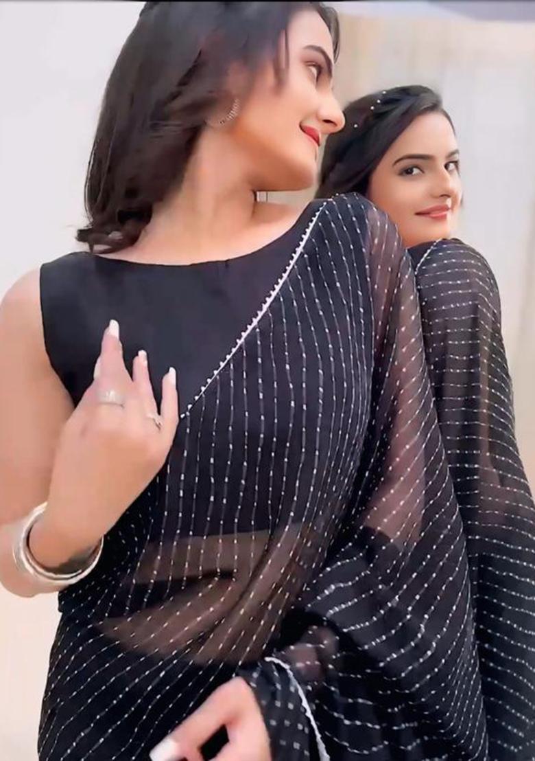 Black Printed Blended Saree Set - Indya