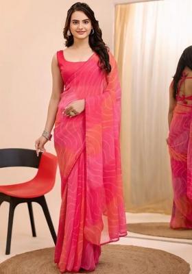 Pink Printed Blended Saree Set