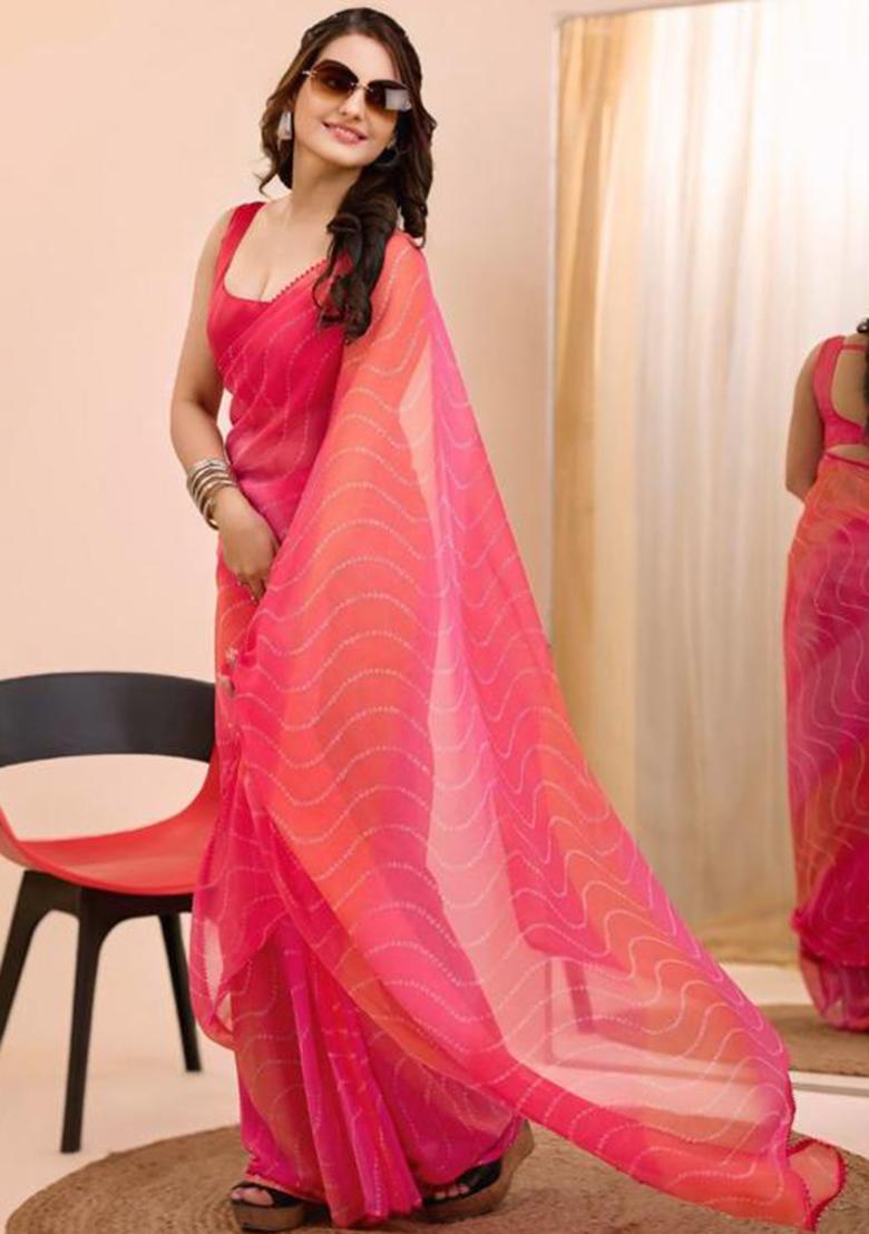 Pink Printed Blended Saree Set - Indya