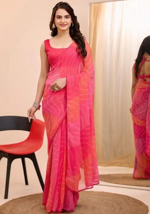 Pink Printed Blended Saree Set