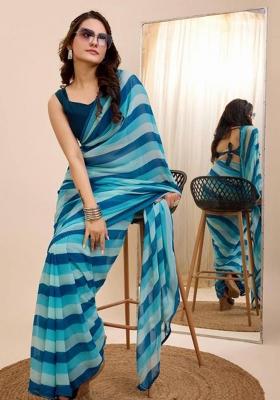 Blue Printed Blended Saree Set