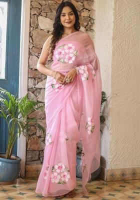 Baby Pink Printed Blended Saree Set