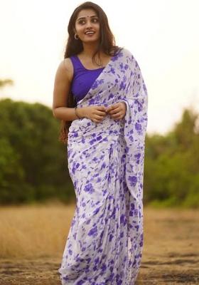 Off White Printed Blended Saree Set