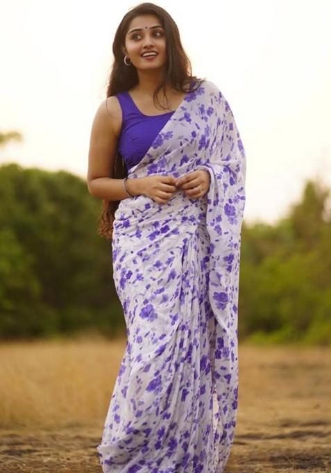 Off White Printed Blended Saree Set