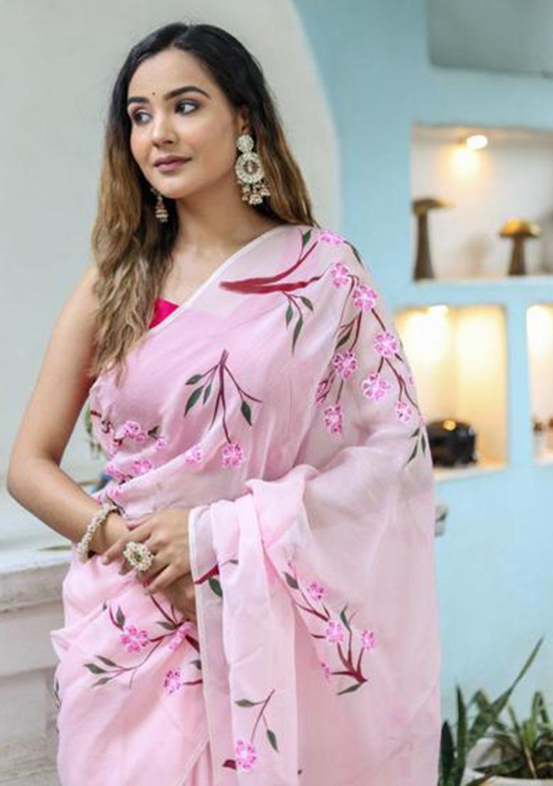 Pink Printed Blended Saree Set - Indya