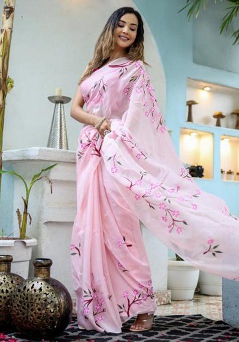 Pink Printed Blended Saree Set