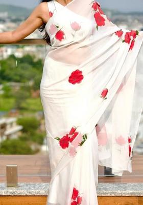 Off White Printed Blended Saree Set