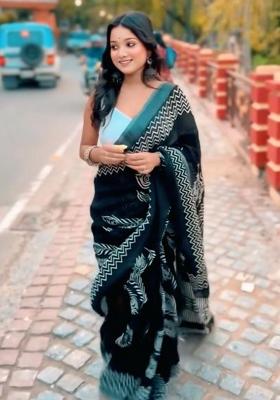 Black Printed Blended Saree Set