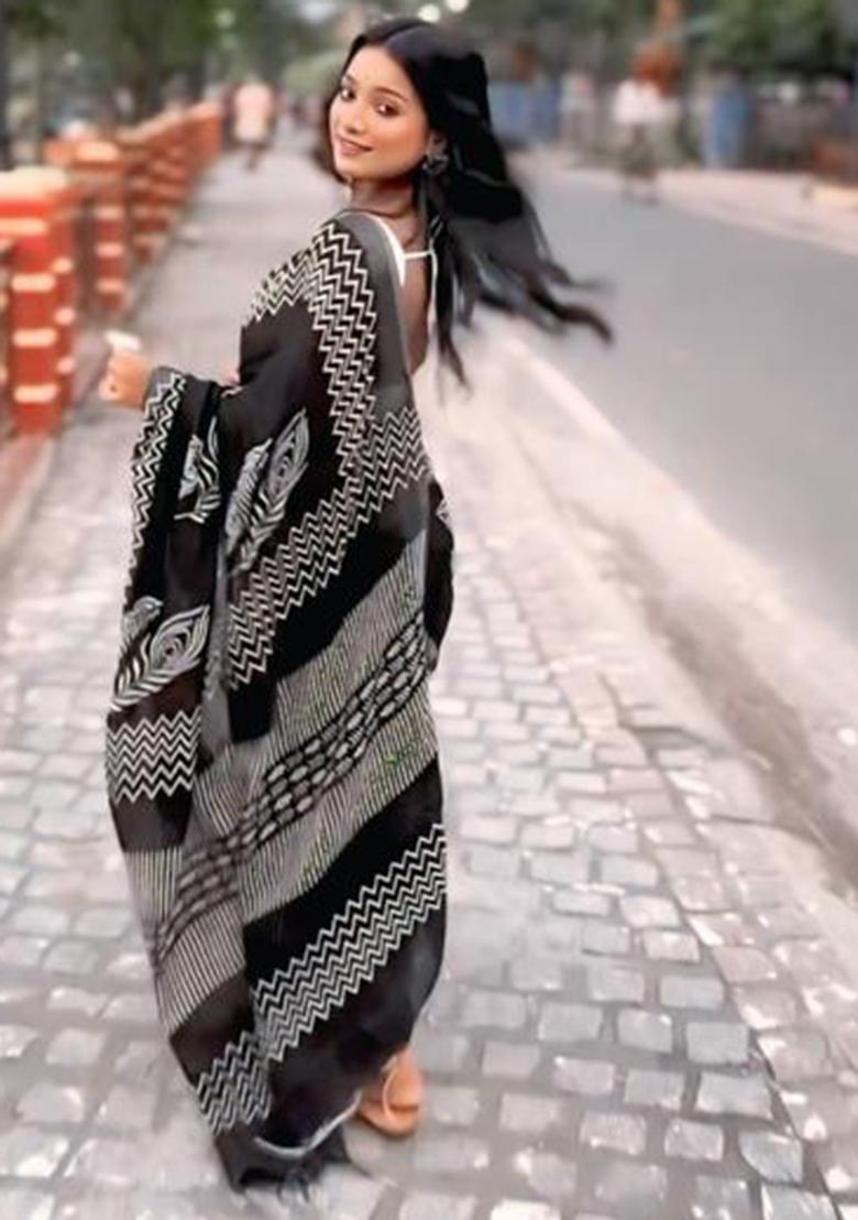 Black Printed Blended Saree Set - Indya