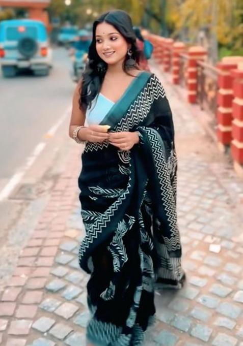 Black Printed Blended Saree Set