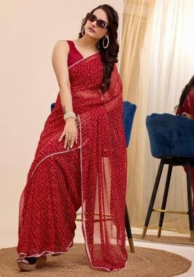Red Printed Blended Saree Set
