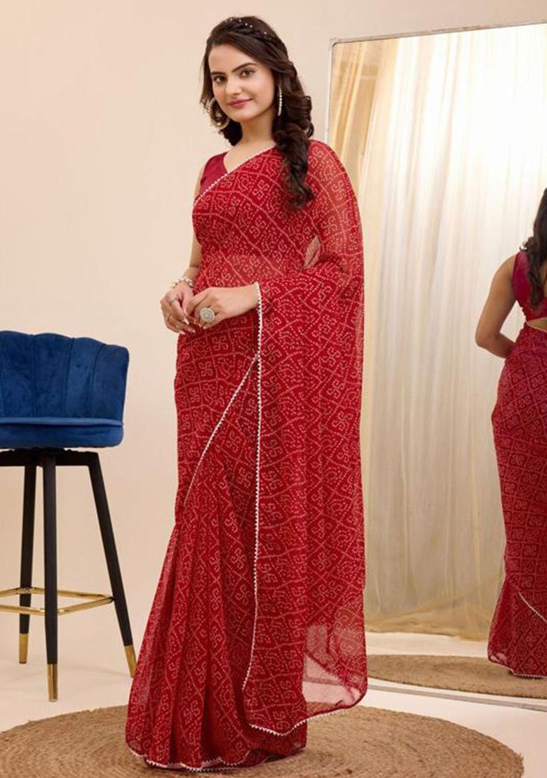 Red Printed Blended Saree Set - Indya