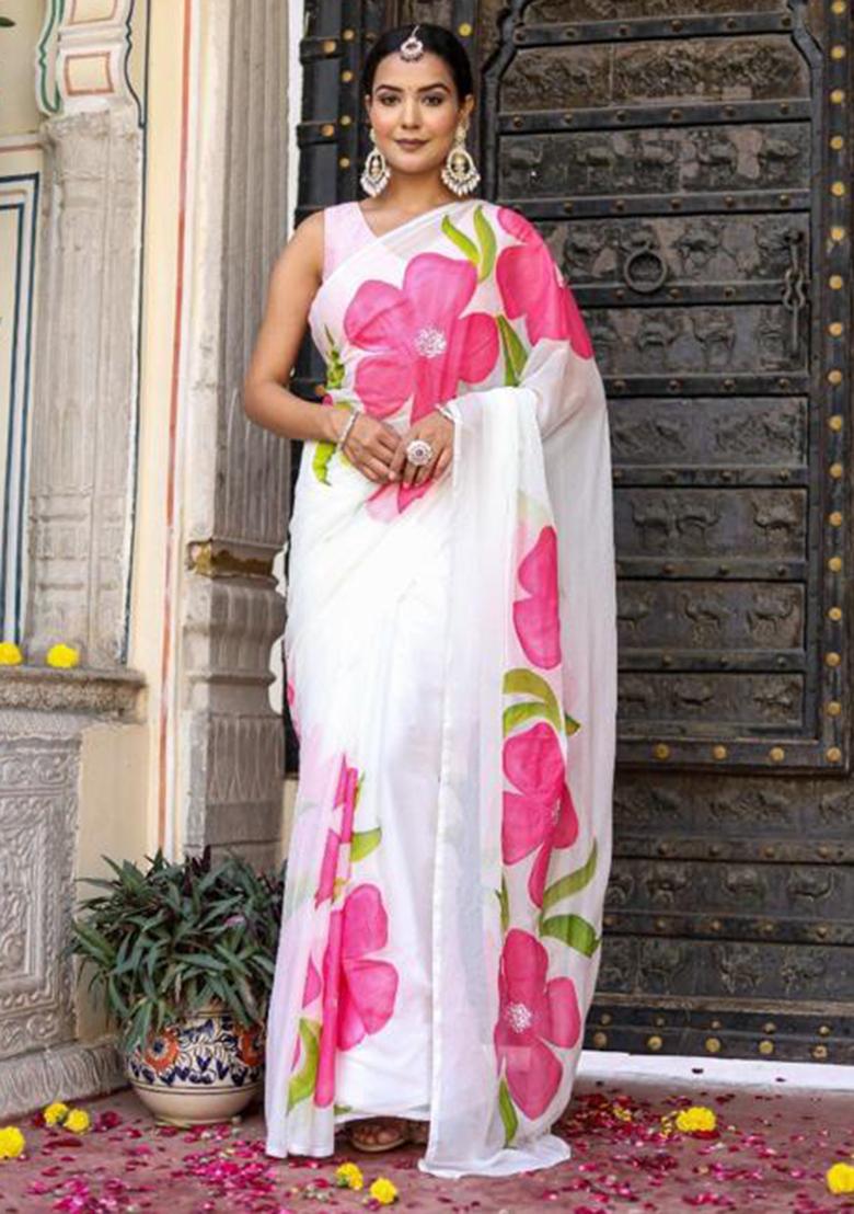 Off White Printed Blended Saree Set - Indya
