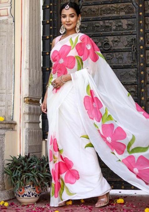 Off White Printed Blended Saree Set