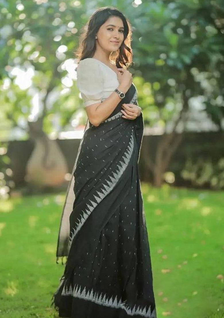 Green Printed Blended Saree Set - Indya