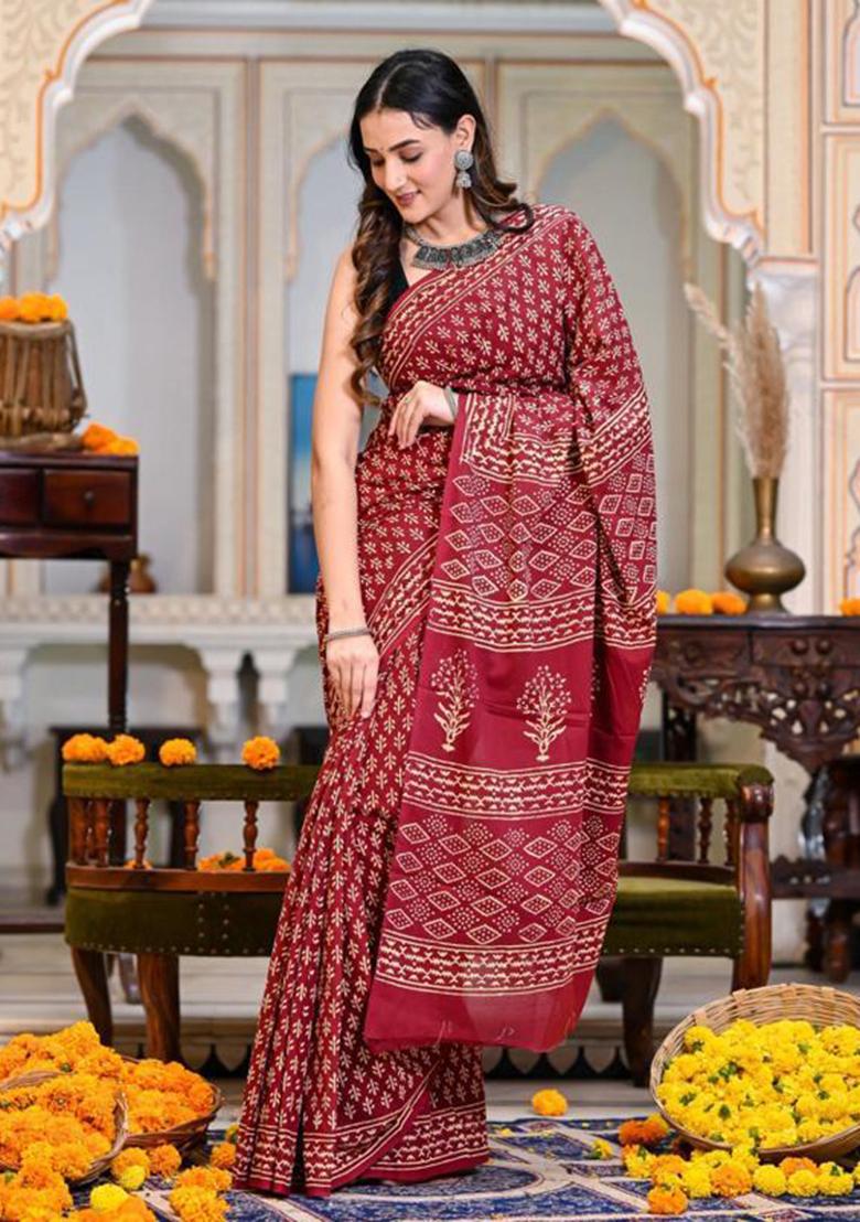 Red Printed Blended Saree Set - Indya