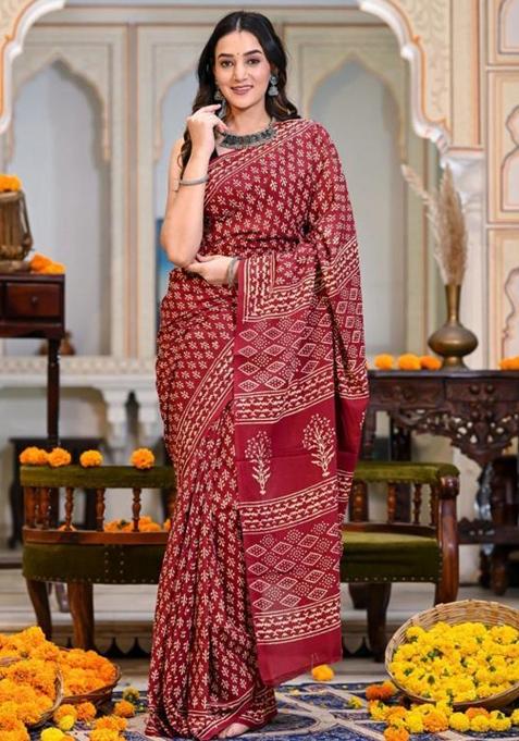 Red Printed Blended Saree Set
