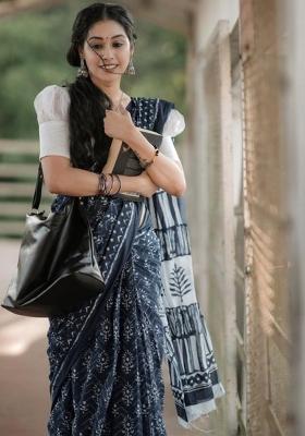 Black Printed Blended Saree Set