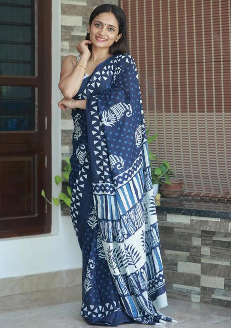 Blue Printed Blended Saree Set - Indya