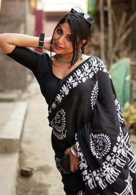 Black Printed Blended Saree Set