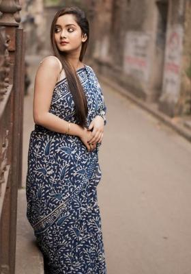 Blue Printed Blended Saree Set
