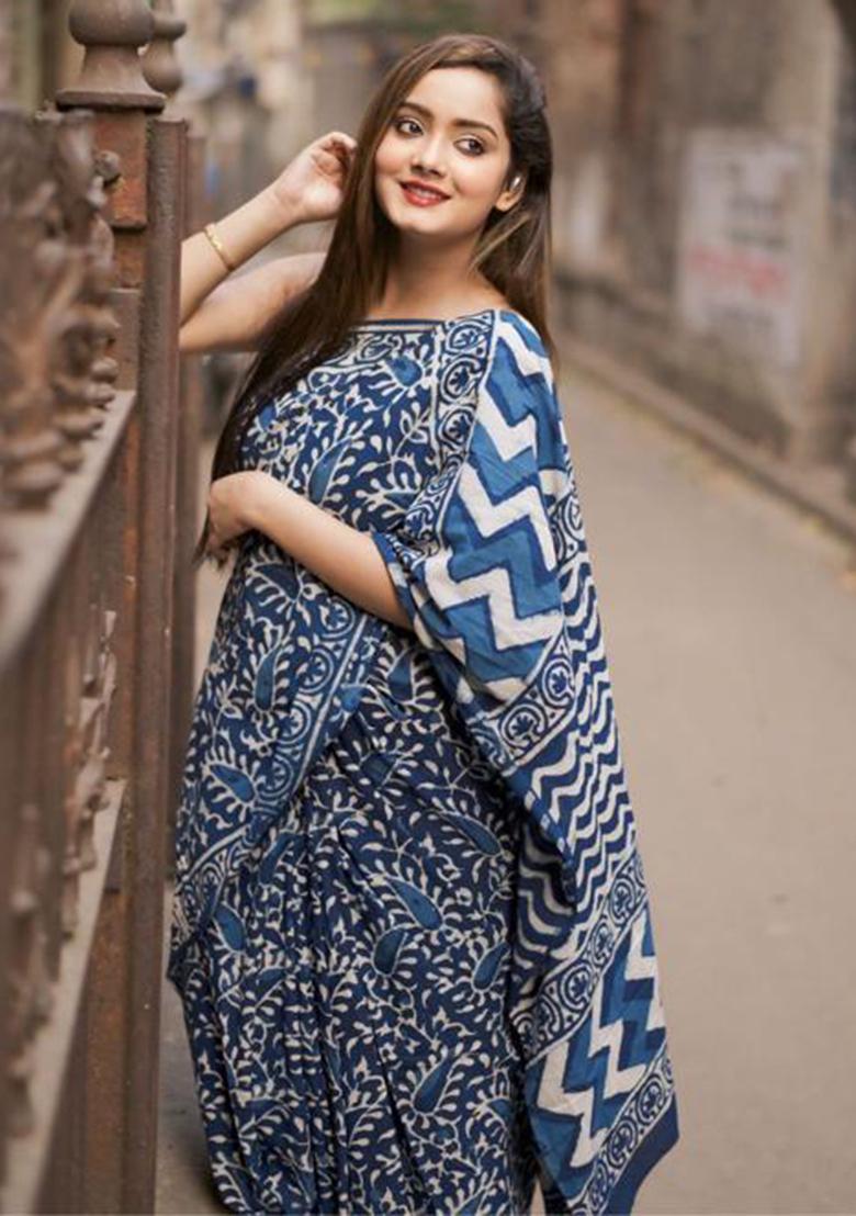 Blue Printed Blended Saree Set - Indya