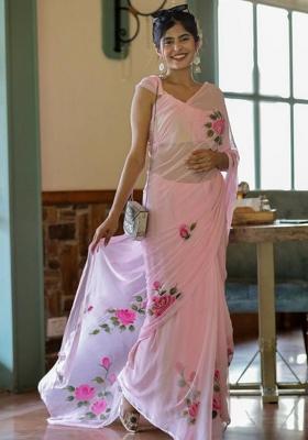 Pink Printed Blended Saree Set