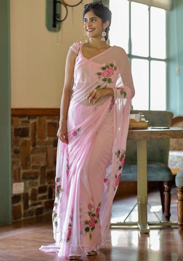 Pink Printed Blended Saree Set - Indya